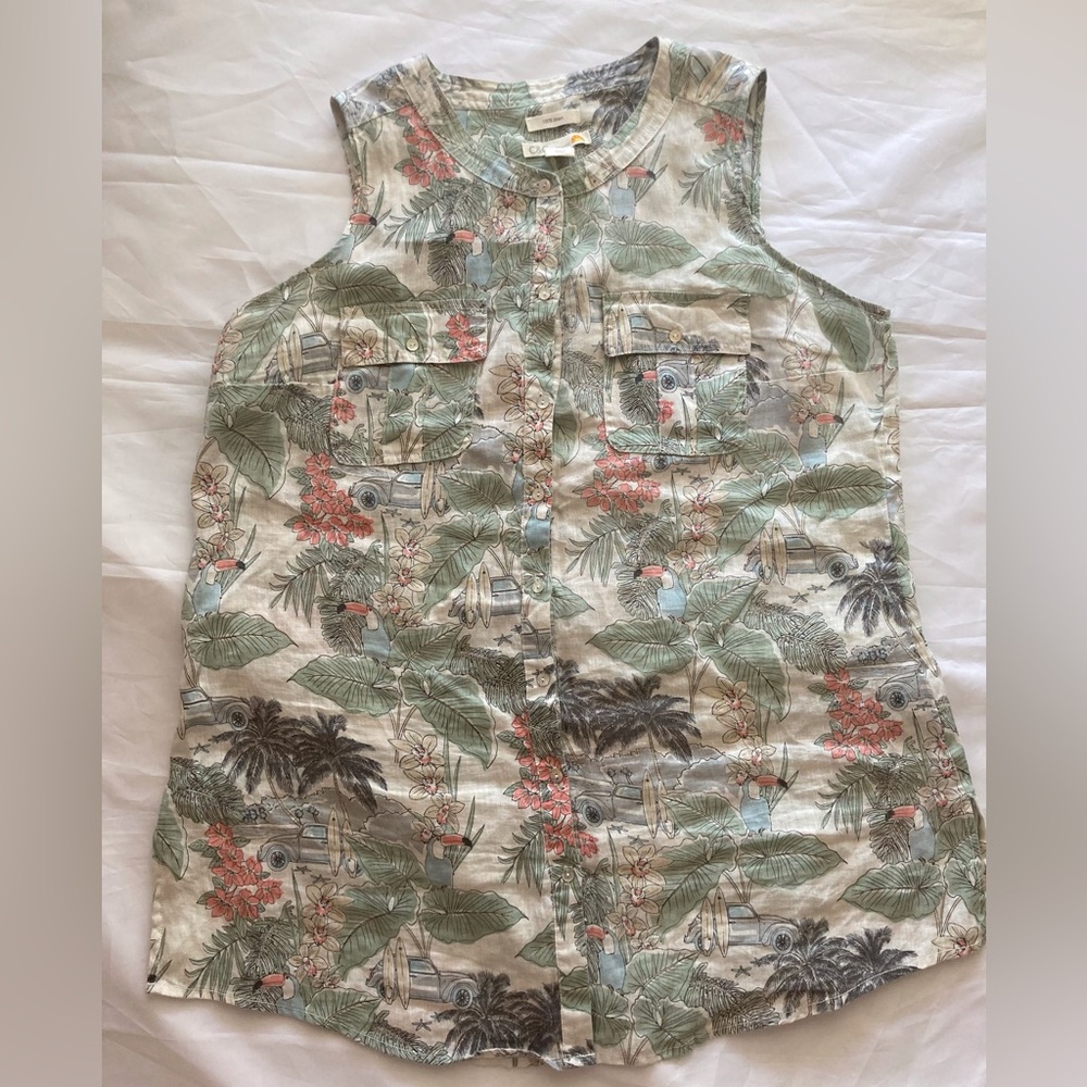 C&C California, 100% Linen Tropical print, Beach Coverup/Tunic/ vintage Size 1X
